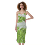 Fresh Cabbage Leaf Print Slim Fit Midi Cami Dress