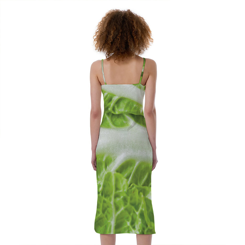 Fresh Cabbage Leaf Print Slim Fit Midi Cami Dress