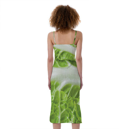 Fresh Cabbage Leaf Print Slim Fit Midi Cami Dress