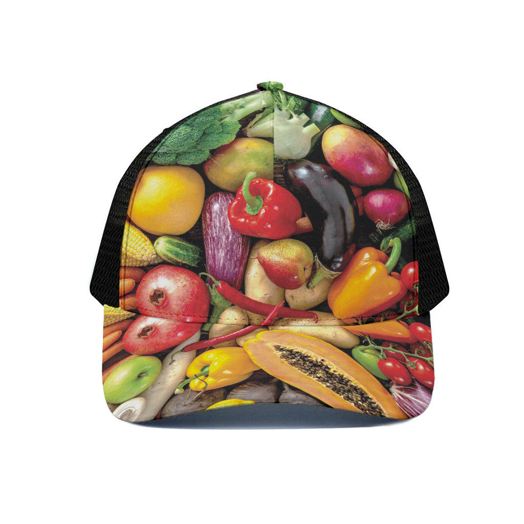 Fresh Fruits And Vegetables Print Black Mesh Trucker Cap