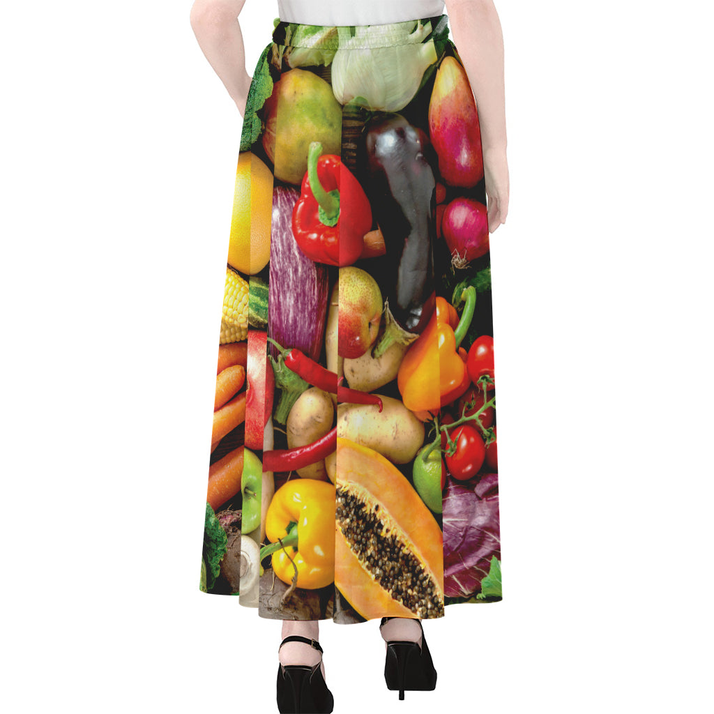 Fresh Fruits And Vegetables Print Chiffon Maxi Skirt