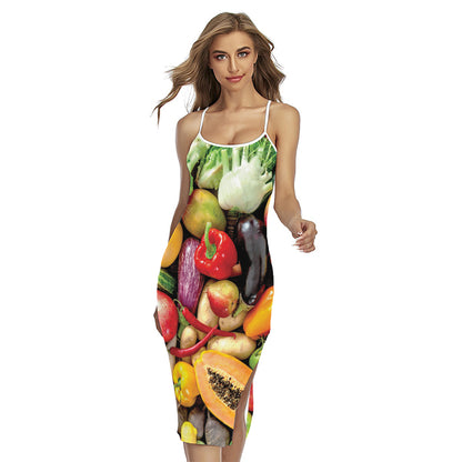 Fresh Fruits And Vegetables Print Cross Back Cami Dress
