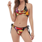 Fresh Fruits And Vegetables Print Halter Scoop Tie Side Bikini