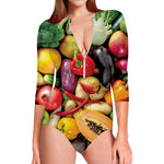 Fresh Fruits And Vegetables Print Long Sleeve Swimsuit