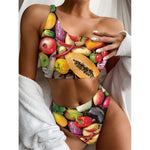 Fresh Fruits And Vegetables Print One Shoulder Bikini Top