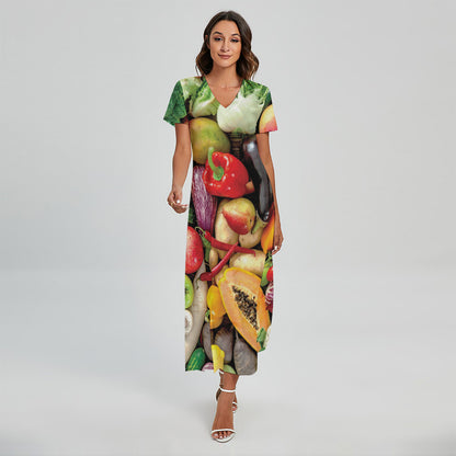 Fresh Fruits And Vegetables Print Short Sleeve Maxi Dress