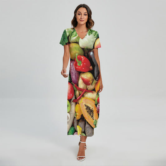 Fresh Fruits And Vegetables Print Short Sleeve Maxi Dress