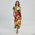 Fresh Fruits And Vegetables Print Short Sleeve Maxi Dress