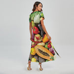 Fresh Fruits And Vegetables Print Short Sleeve Maxi Dress