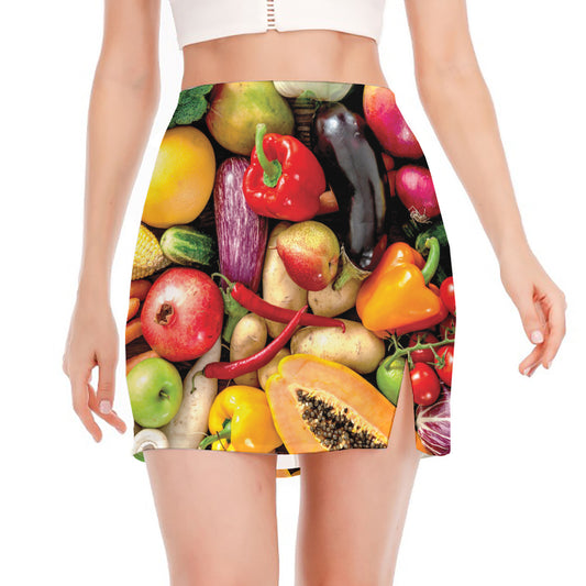 Fresh Fruits And Vegetables Print Side Slit Mini Skirt