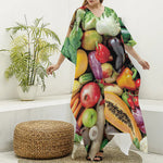 Fresh Fruits And Vegetables Print Silk V-Neck Kaftan Dress