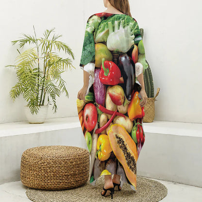 Fresh Fruits And Vegetables Print Silk V-Neck Kaftan Dress