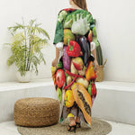 Fresh Fruits And Vegetables Print Silk V-Neck Kaftan Dress