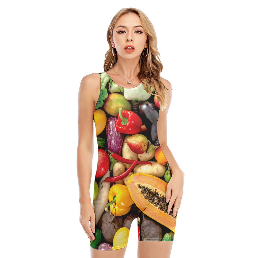 Fresh Fruits And Vegetables Print Sleeveless One Piece Swimsuit