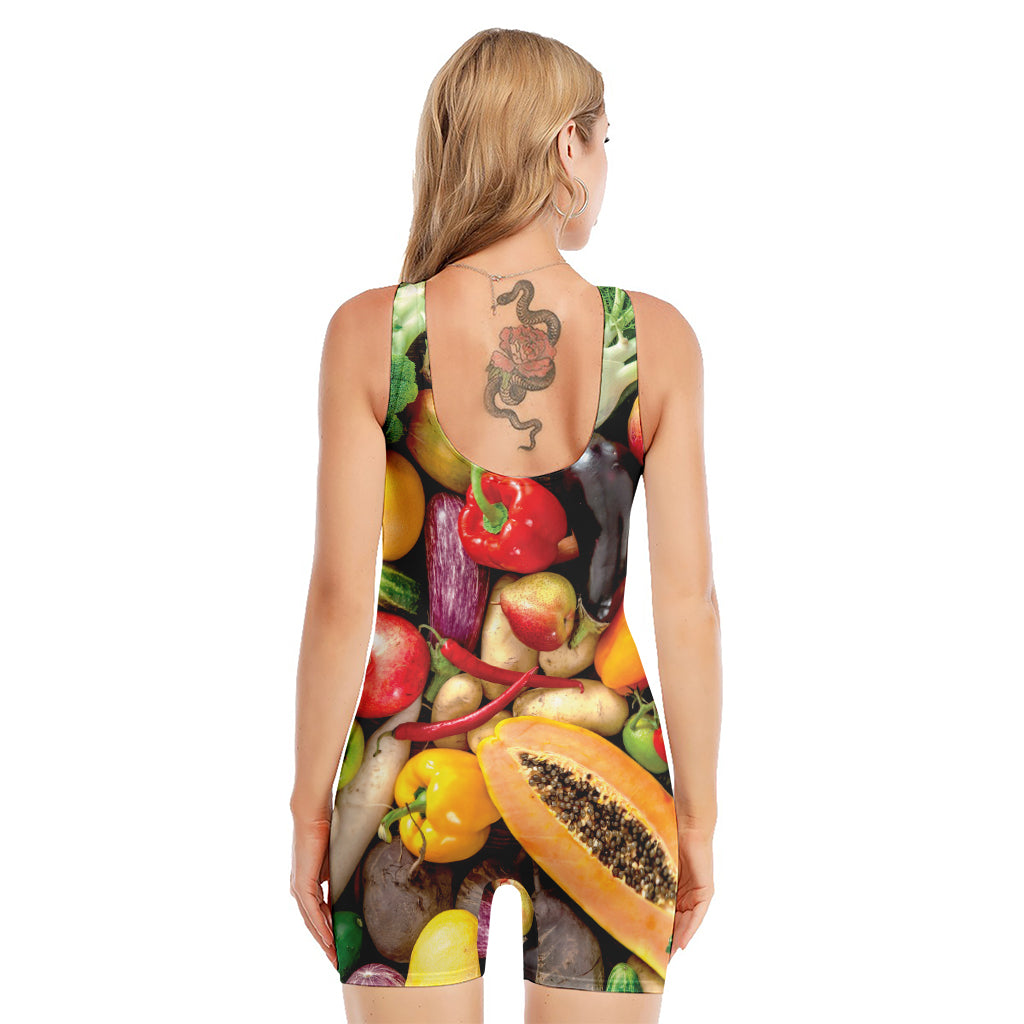 Fresh Fruits And Vegetables Print Sleeveless One Piece Swimsuit
