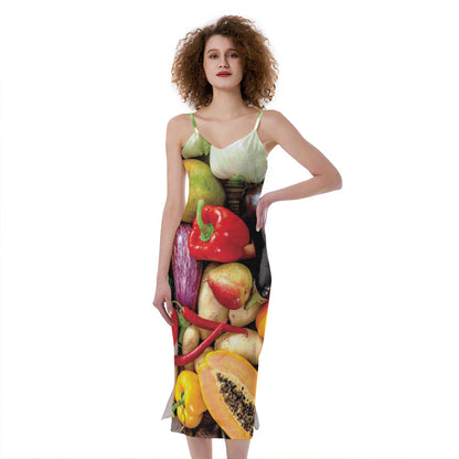 Fresh Fruits And Vegetables Print Slim Fit Midi Cami Dress