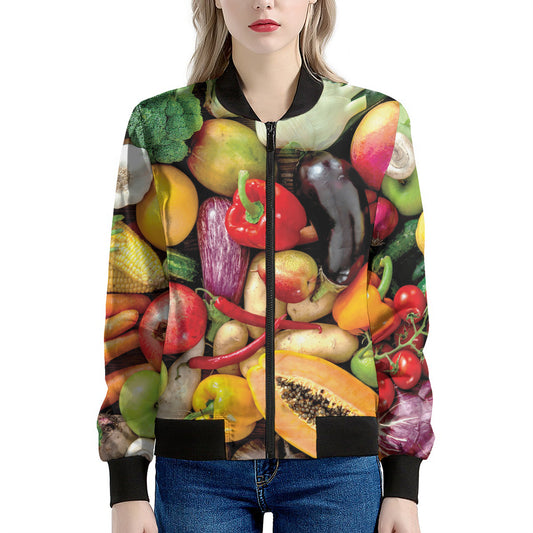 Fresh Fruits And Vegetables Print Women's Bomber Jacket