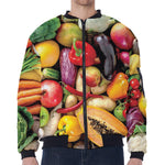 Fresh Fruits And Vegetables Print Zip Sleeve Bomber Jacket
