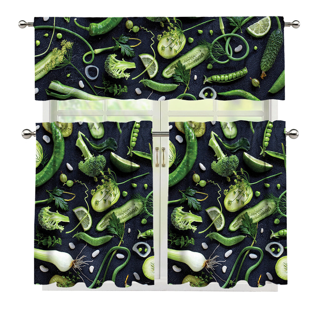 Fresh Green Fruit And Vegetables Print 3 Piece Kitchen Curtains