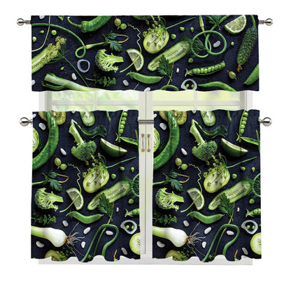 Fresh Green Fruit And Vegetables Print 3 Piece Kitchen Curtains