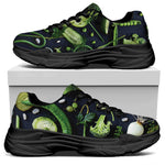 Fresh Green Fruit And Vegetables Print Black Chunky Shoes