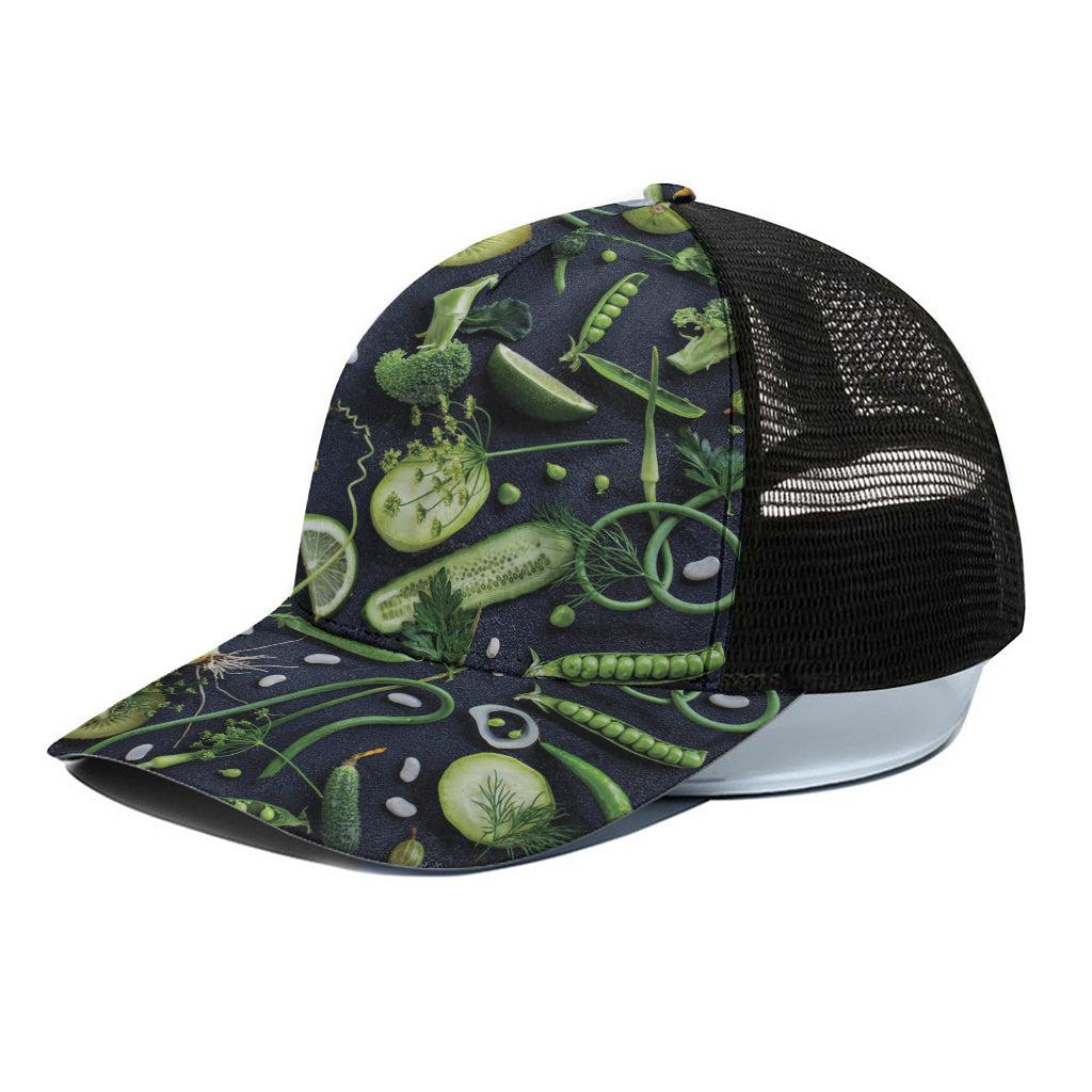 Fresh Green Fruit And Vegetables Print Black Mesh Trucker Cap