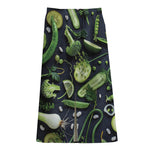 Fresh Green Fruit And Vegetables Print Cotton Front Slit Maxi Skirt