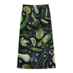 Fresh Green Fruit And Vegetables Print Cotton Front Slit Maxi Skirt