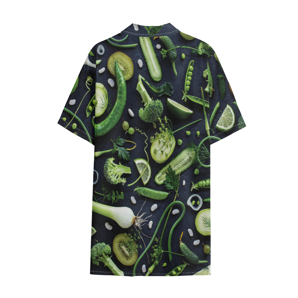 Fresh Green Fruit And Vegetables Print Cotton Hawaiian Shirt