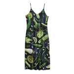 Fresh Green Fruit And Vegetables Print Jersey Midi Cami Dress
