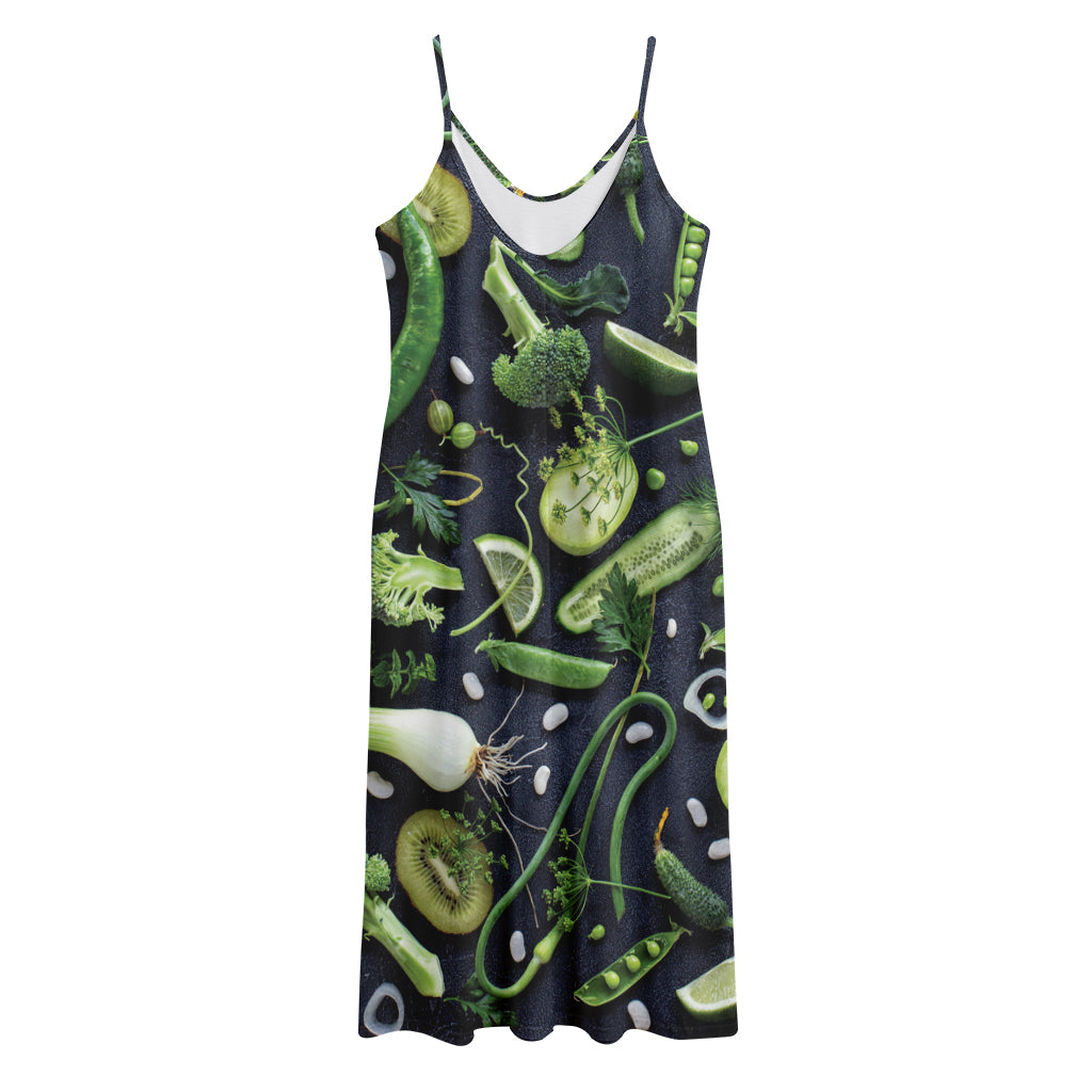 Fresh Green Fruit And Vegetables Print Jersey Midi Cami Dress