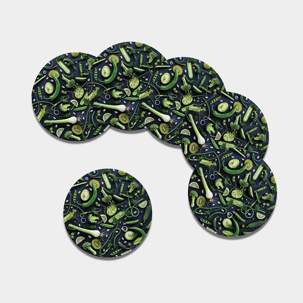 Fresh Green Fruit And Vegetables Print Leather Coaster Set