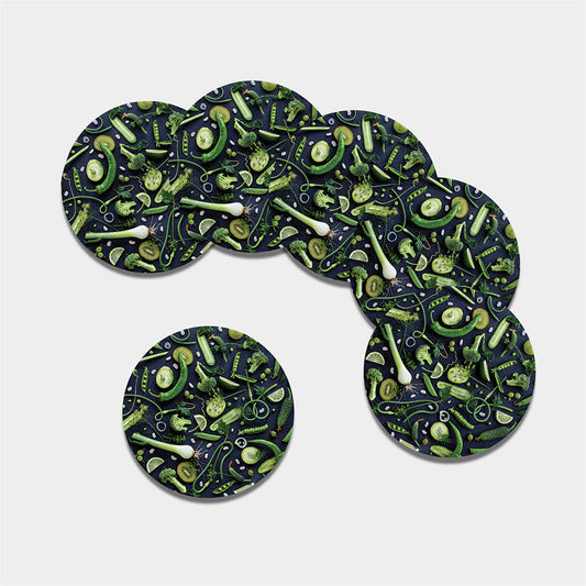 Fresh Green Fruit And Vegetables Print Leather Coaster Set