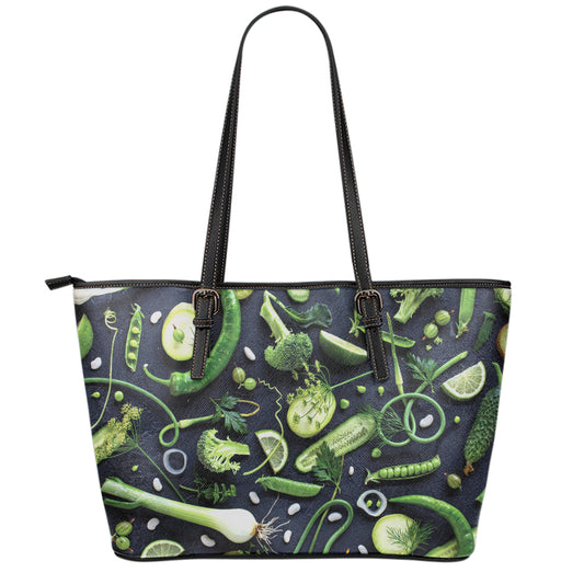 Fresh Green Fruit And Vegetables Print Leather Tote Bag
