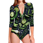 Fresh Green Fruit And Vegetables Print Long Sleeve Swimsuit