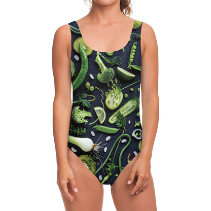 Fresh Green Fruit And Vegetables Print One Piece Swimsuit
