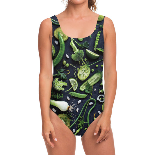 Fresh Green Fruit And Vegetables Print One Piece Swimsuit