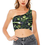 Fresh Green Fruit And Vegetables Print One Shoulder Crop Top