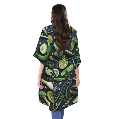 Fresh Green Fruit And Vegetables Print Open Front Beach Cover Up