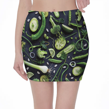 Fresh Green Fruit And Vegetables Print Pencil Mini Skirt