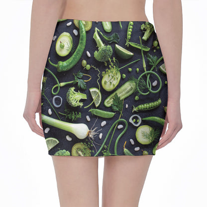 Fresh Green Fruit And Vegetables Print Pencil Mini Skirt