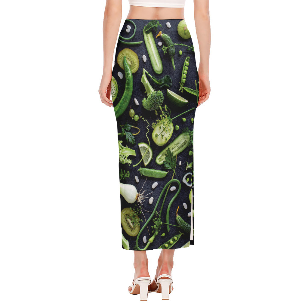 Fresh Green Fruit And Vegetables Print Side Slit Maxi Skirt
