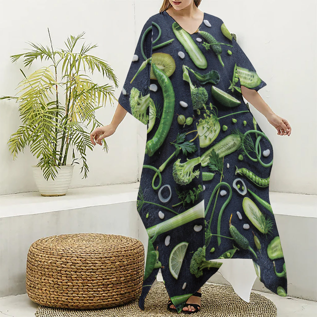 Fresh Green Fruit And Vegetables Print Silk V-Neck Kaftan Dress
