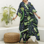 Fresh Green Fruit And Vegetables Print Silk V-Neck Kaftan Dress