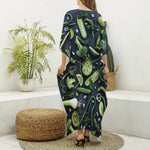 Fresh Green Fruit And Vegetables Print Silk V-Neck Kaftan Dress