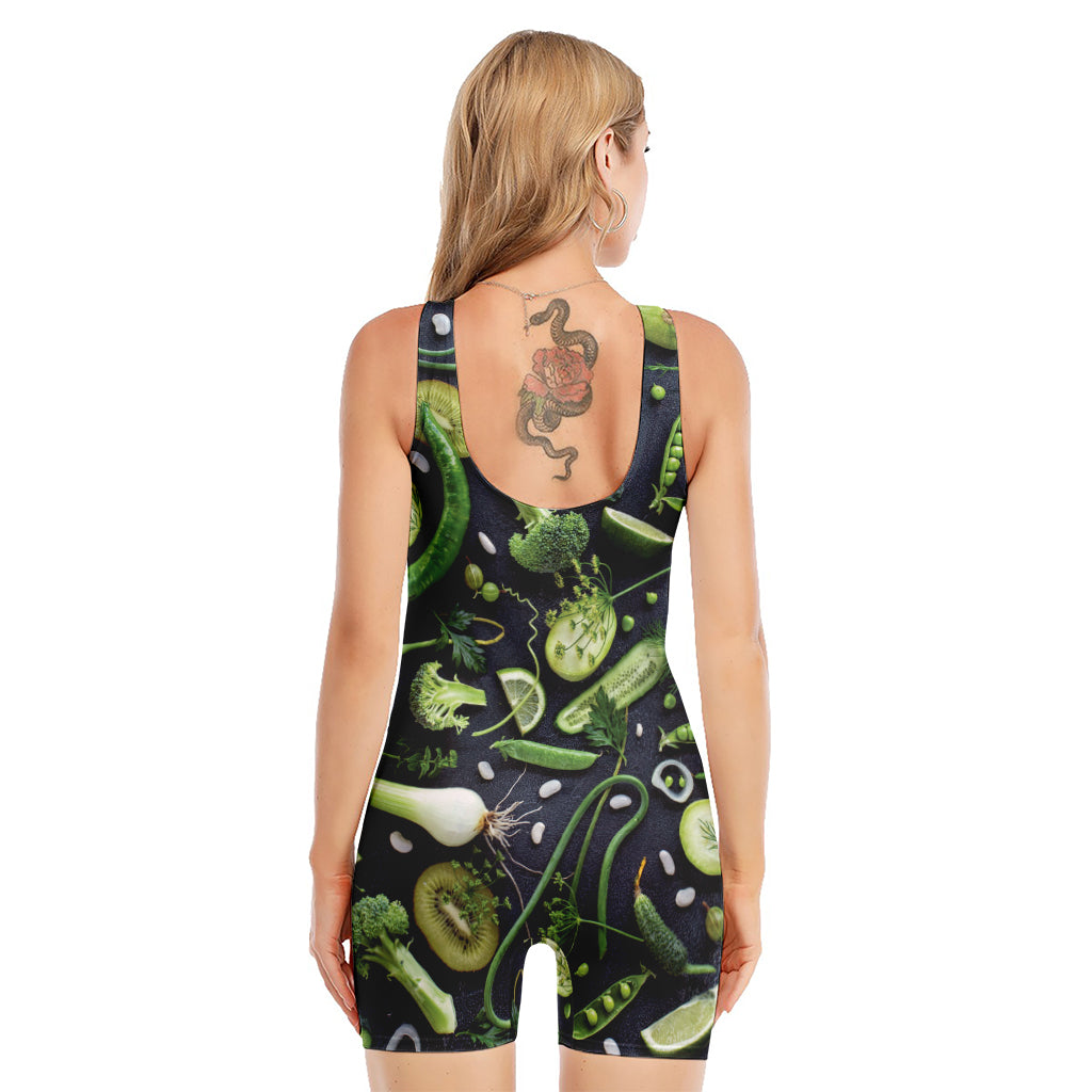 Fresh Green Fruit And Vegetables Print Sleeveless One Piece Swimsuit