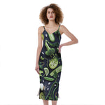 Fresh Green Fruit And Vegetables Print Slim Fit Midi Cami Dress