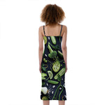Fresh Green Fruit And Vegetables Print Slim Fit Midi Cami Dress