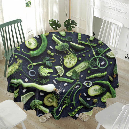Fresh Green Fruit And Vegetables Print Waterproof Round Tablecloth