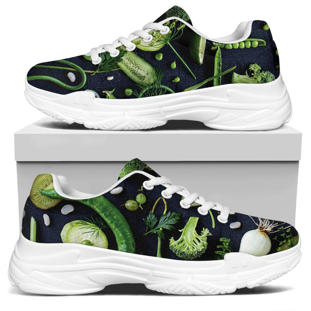 Fresh Green Fruit And Vegetables Print White Chunky Shoes
